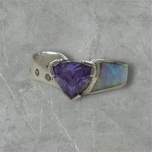Platinum Over 925 Silver Trillion Cut Amethyst, CZ, Lab Opal Ring - Size 5.75